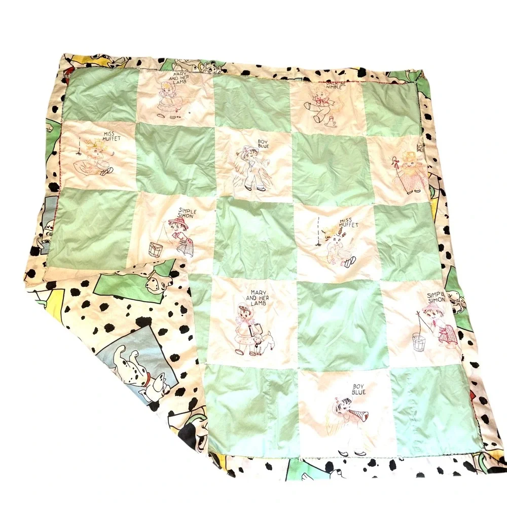 Vtg Nursery Rhyme Embroidered Quilt Reversible 101 Dalmatians Baby Blanket